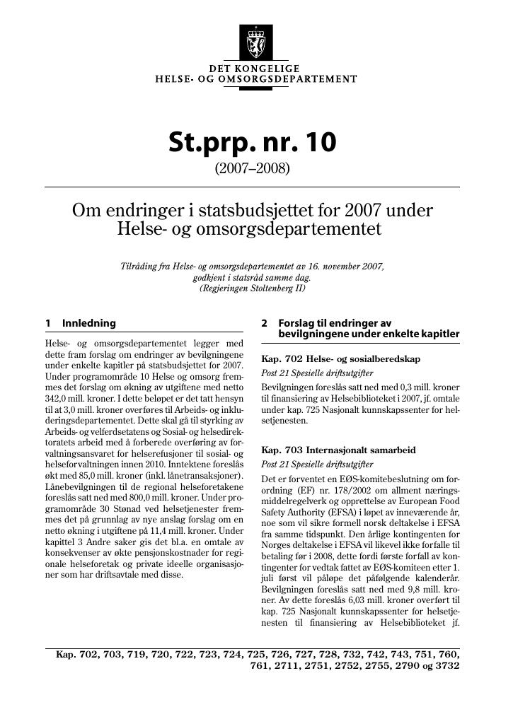 Forsiden av dokumentet St.prp. nr. 10 (2007-2008)