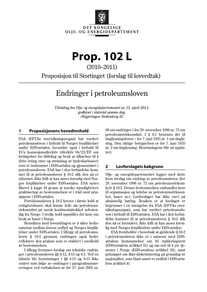 Forsiden av dokumentet Prop. 102 L (2010–2011)