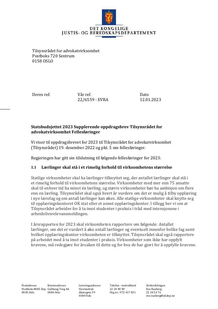 Forsiden av dokumentet Oppdragsbrev Tilsynsrådet for advokatvirksomhet 2023 - tillegg nr. 1