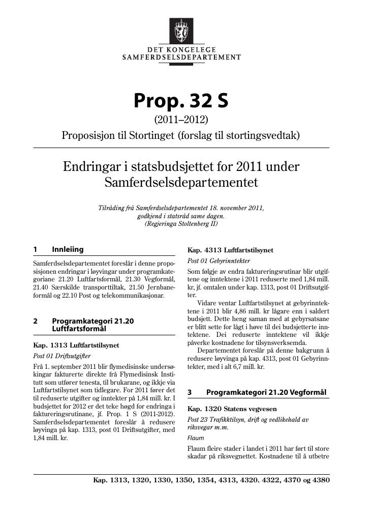 Forsiden av dokumentet Prop. 32 S (2011–2012)