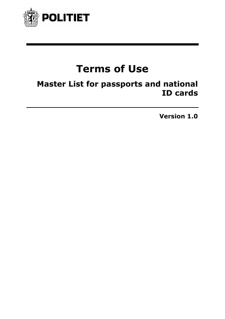 Forsiden av dokumentet Terms of Use
Master List for passports and national ID cards