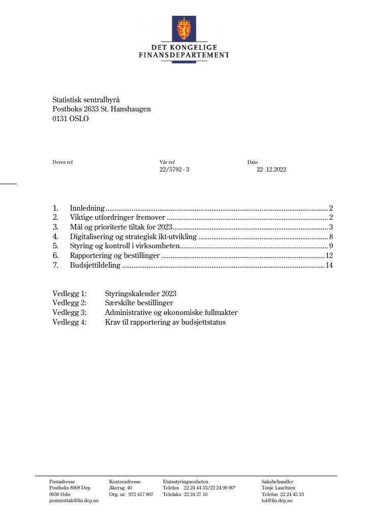 Forsiden av dokumentet Tildelingsbrev Statistisk sentralbyrå 2023