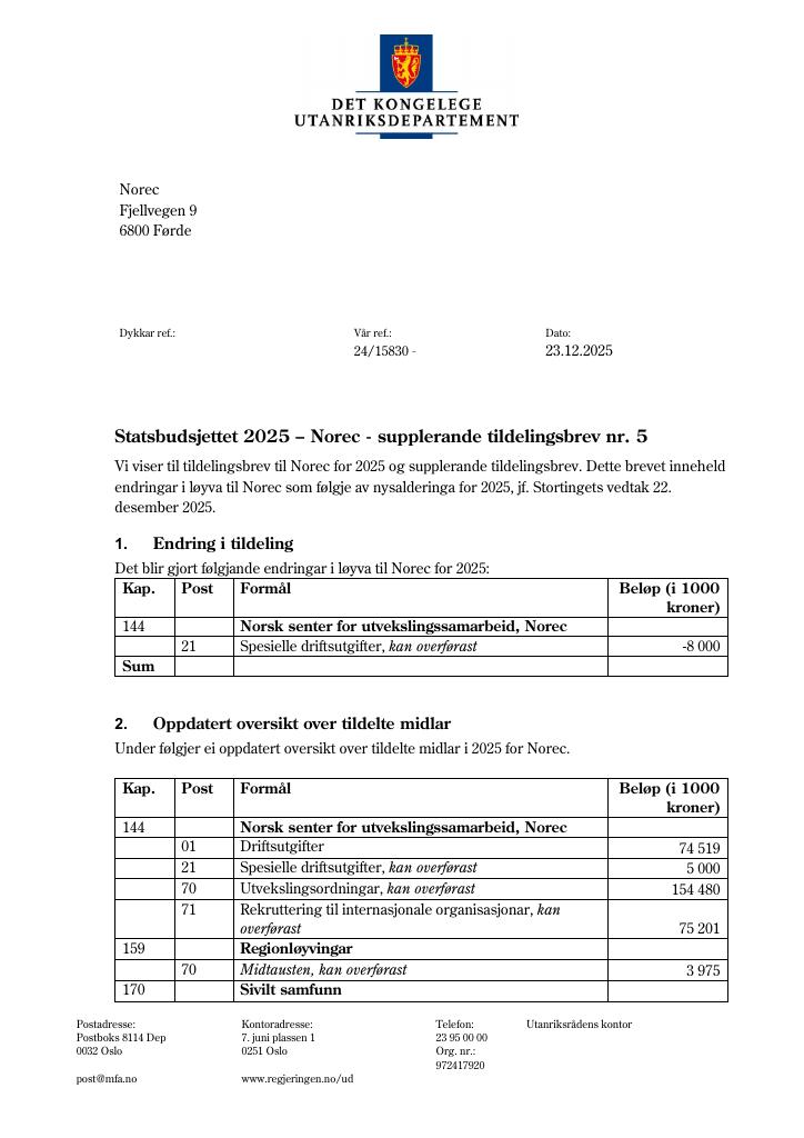 Forsiden av dokumentet Tildelingsbrev Norec 2025 - tillegg nr. 5