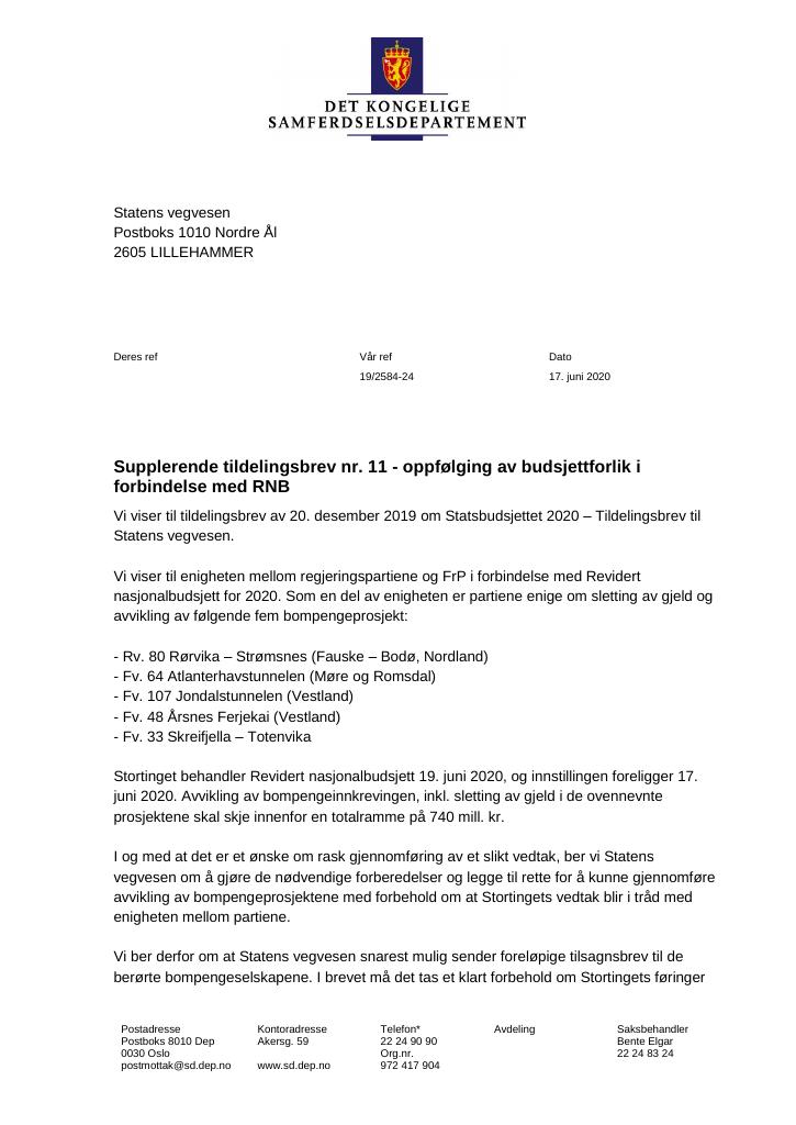 Supplerende Tildelingsbrev Statens Vegvesen 2020 - Nr. 11 - Kudos