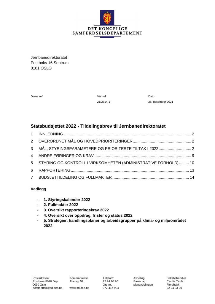 Forsiden av dokumentet Tildelingbrev Jernbanedirektoratet 2022