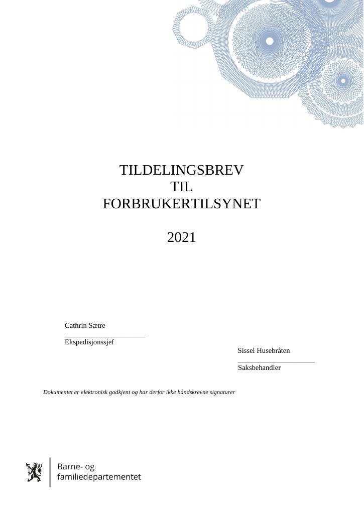 Forsiden av dokumentet Tildelingsbrev Forbrukertilsynet 2021