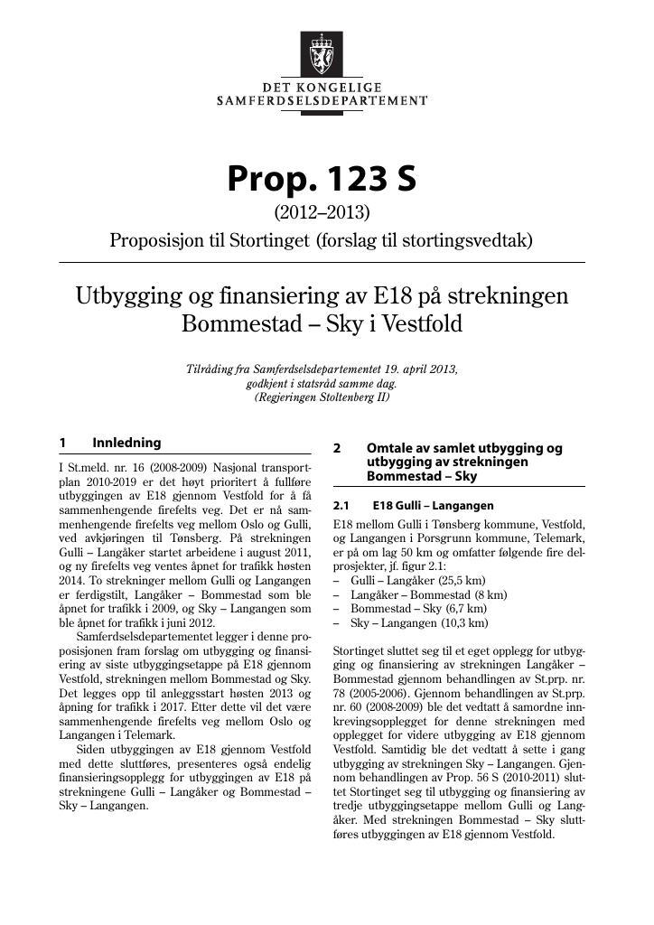 Forsiden av dokumentet Prop. 123 S (2012–2013)