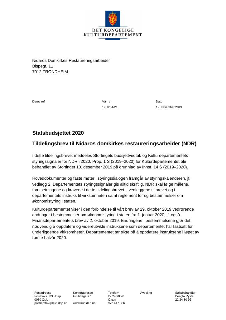 Forsiden av dokumentet Tildelingsbrev Nidaros domkirkes restaureringsarbeider 2020