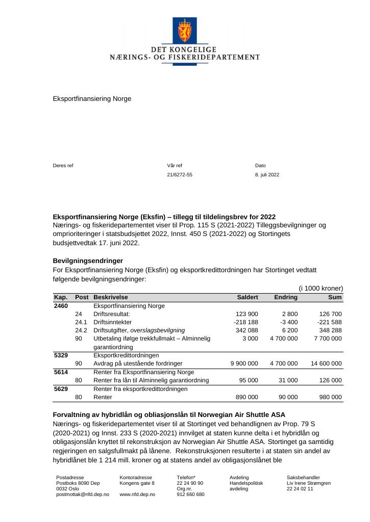 Forsiden av dokumentet Tildelingsbrev Eksportfinansiering Norge (Eksfin) 2022 - tillegg