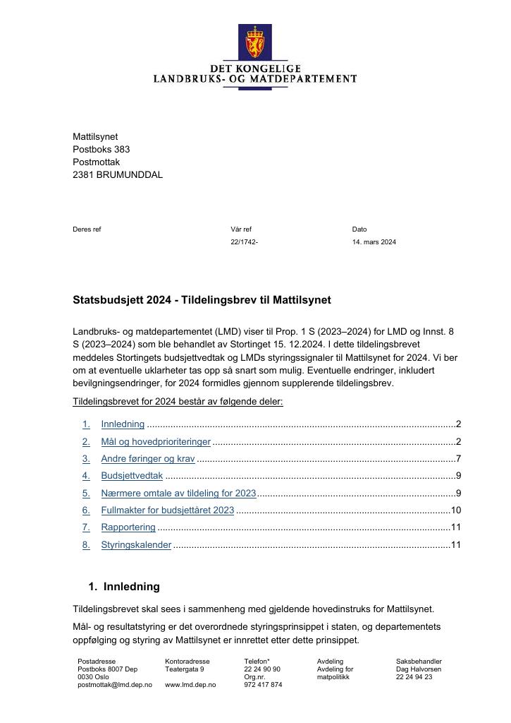 Forsiden av dokumentet Tildelingsbrev Mattilsynet 2024