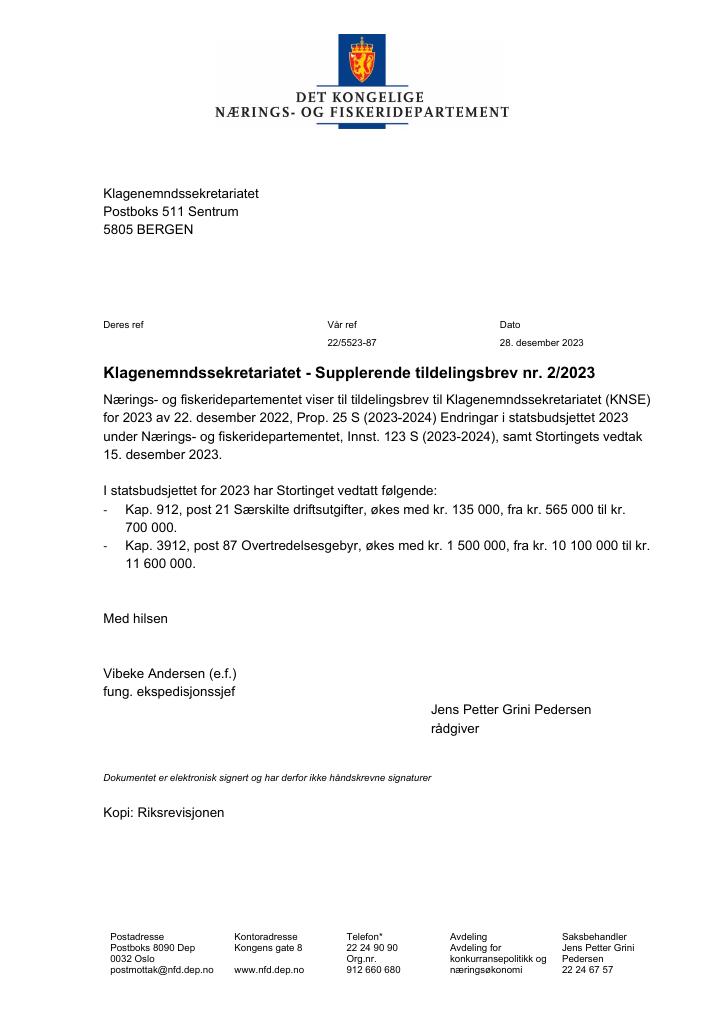 Forsiden av dokumentet Tildelingsbrev Klagenemdssekretariatet 2023 - tillegg