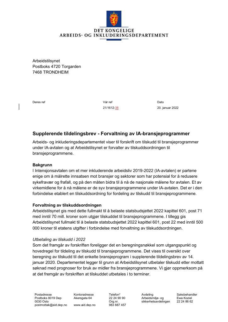 Forsiden av dokumentet Tildelingsbrev Arbeidstilsynet 2022 - tillegg