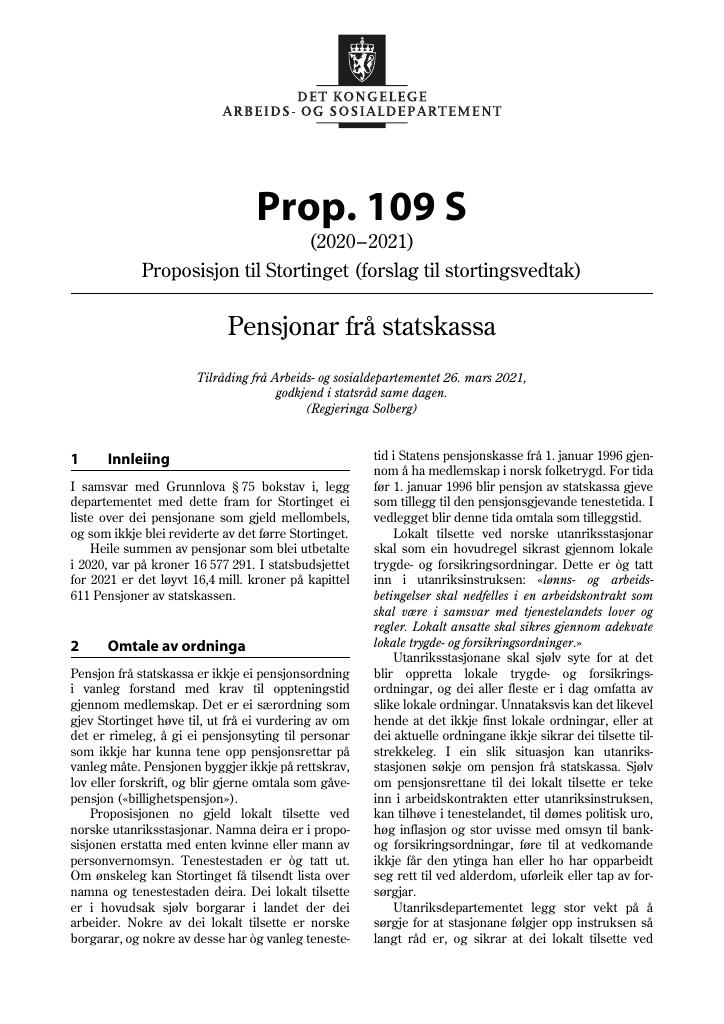 Forsiden av dokumentet Prop. 109 S (2020–2021)