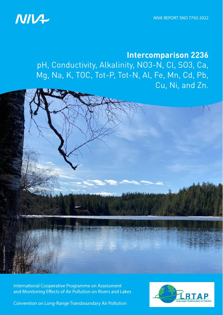 Forsiden av dokumentet Intercomparison 2236: pH, Conductivity, Alkalinity, NO3-N, Cl, SO3, Ca, Mg, Na, K, TOC, Tot-P, Tot-N, Al, Fe, Mn, Cd, Pb, Cu, Ni, and Zn.