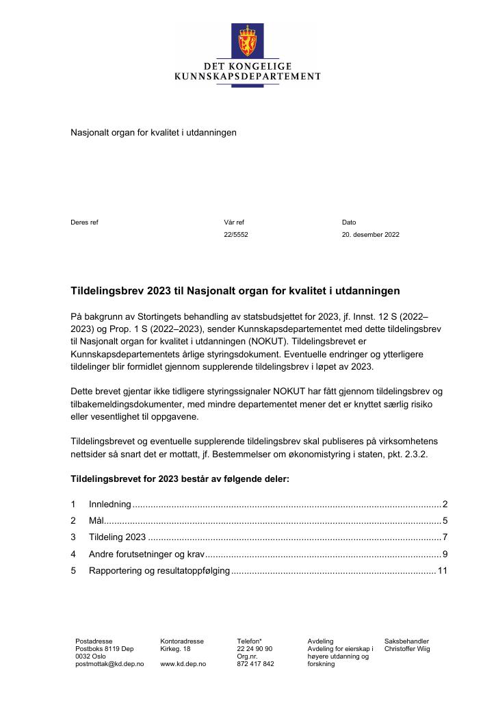 Forsiden av dokumentet Tildelingsbrev Nasjonalt organ for kvalitet i utdanningen 2023