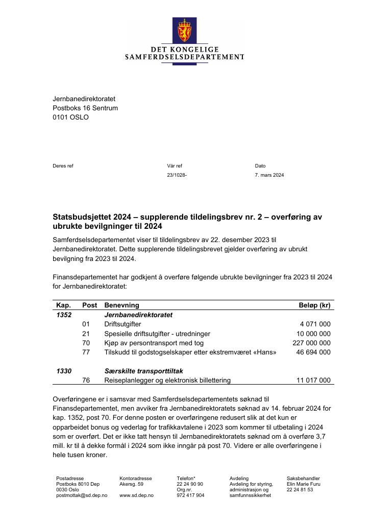 Forsiden av dokumentet Tildelingsbrev Jernbanedirektoratet 2024 - tillegg nr. 2