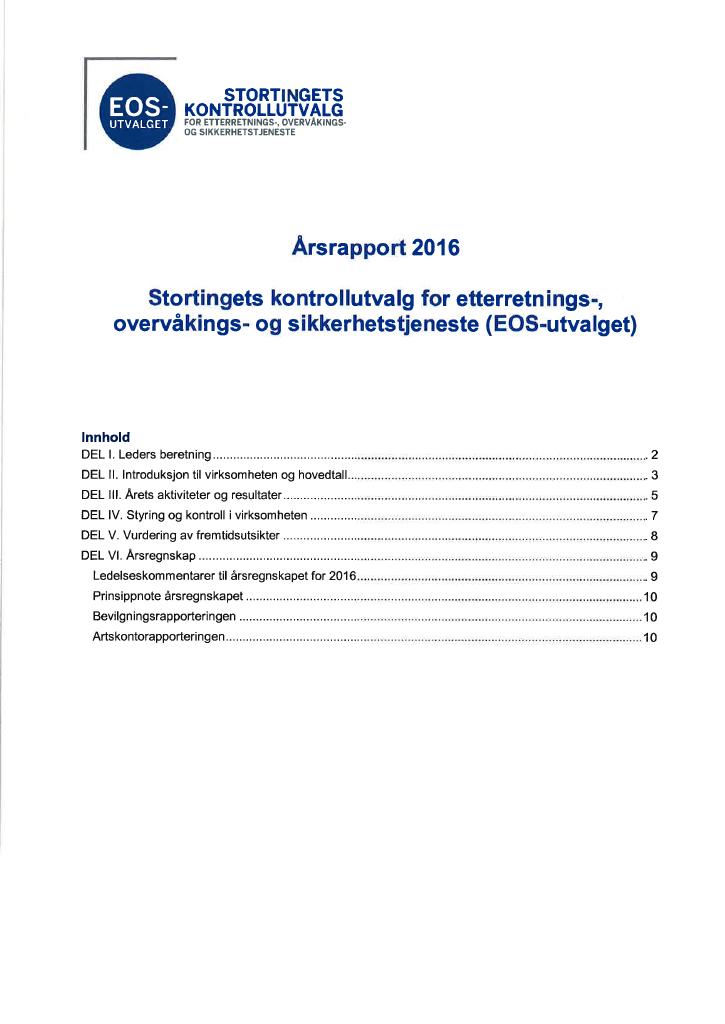 Forsiden av dokumentet Årsrapport EOS-utvalget 2016