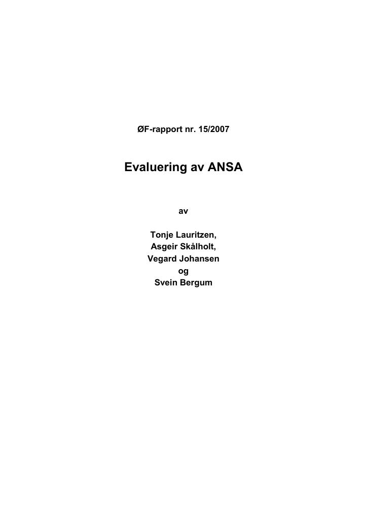 Forsiden av dokumentet Evaluering av ANSA 