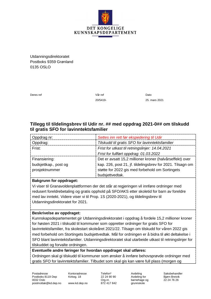 Forsiden av dokumentet Tildelingsbrev Utdanningsdirektoratet 2021 - tillegg nr. 10