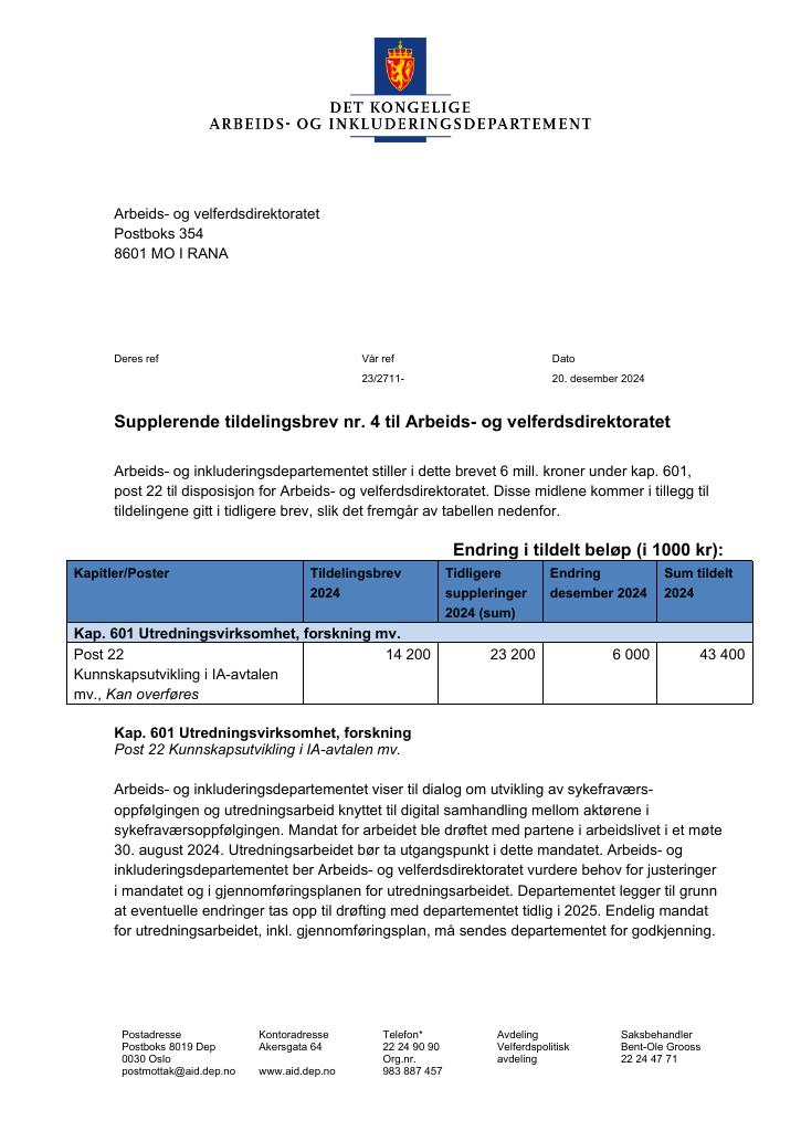 Forsiden av dokumentet Tildelingsbrev Arbeids- og velferdsdirektoratet 2024 - tillegg nr. 4