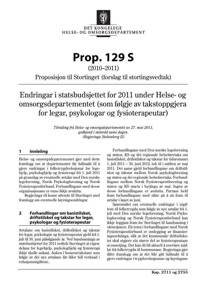 Forsiden av dokumentet Prop. 129 S (2010–2011)