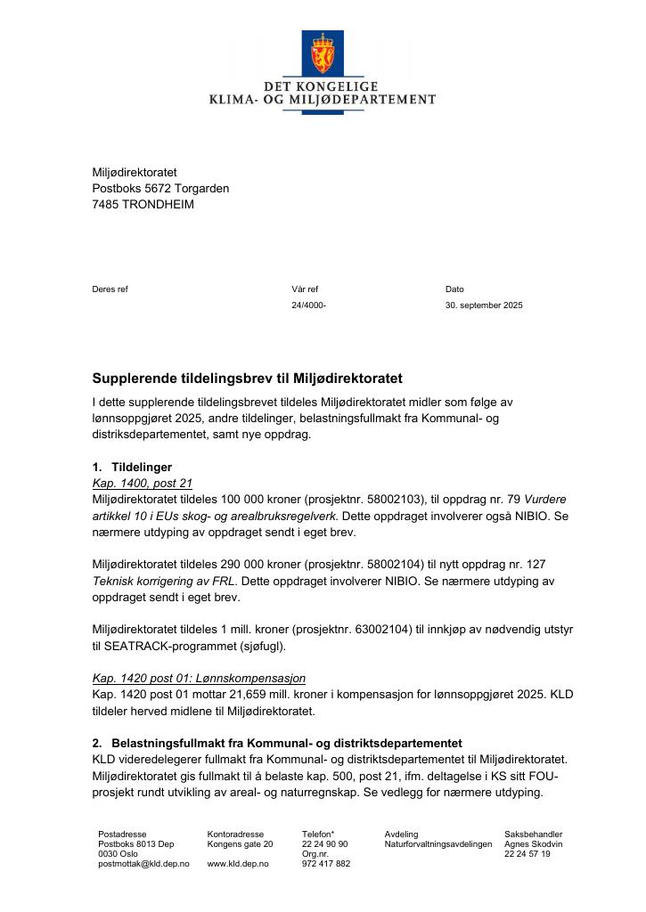 Forsiden av dokumentet Tildelingsbrev Miljødirektoratet 2025 - tillegg nr. 30