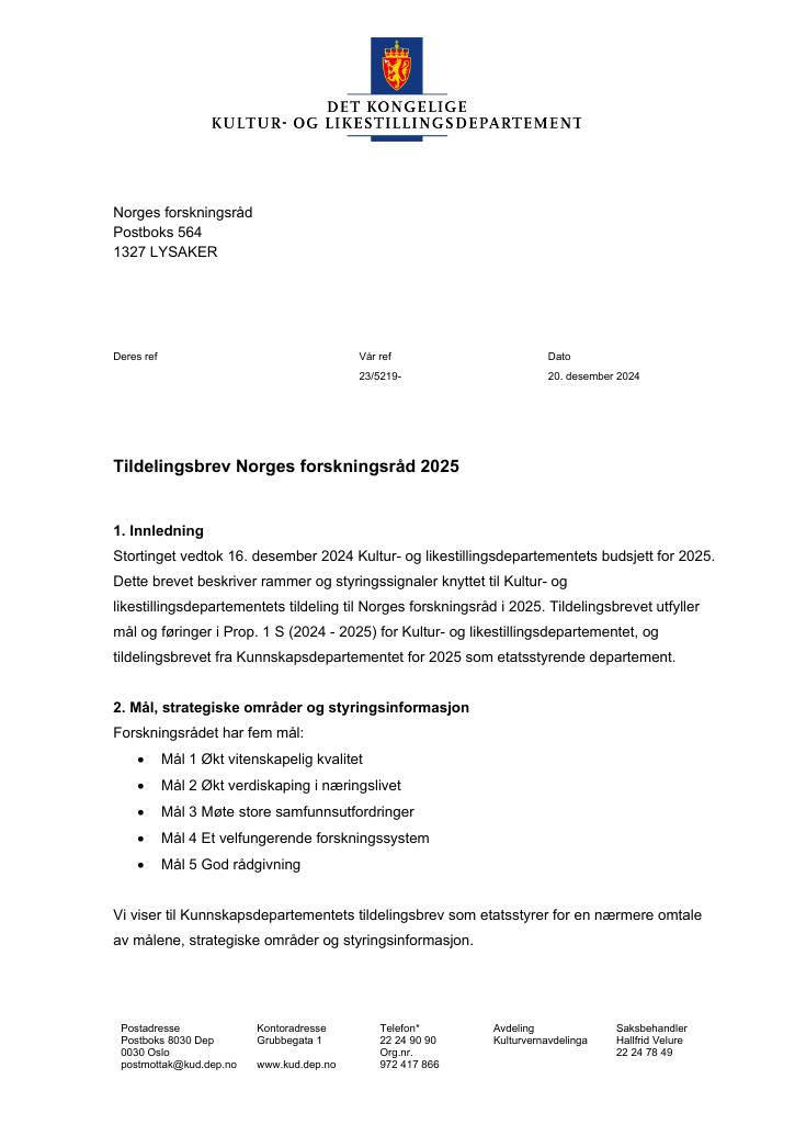 Forsiden av dokumentet Tildelingsbrev Norges forskningsråd 2025