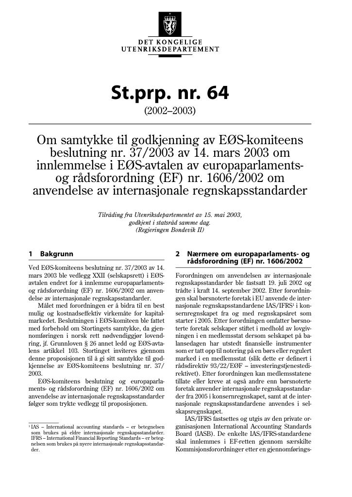 Forsiden av dokumentet St.prp. nr. 64 (2002-2003)