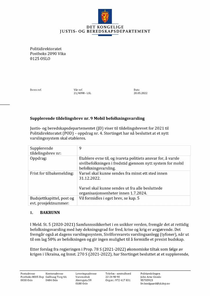 Forsiden av dokumentet Tildelingsbrev Politidirektoratet 2022 - tillegg nr. 9