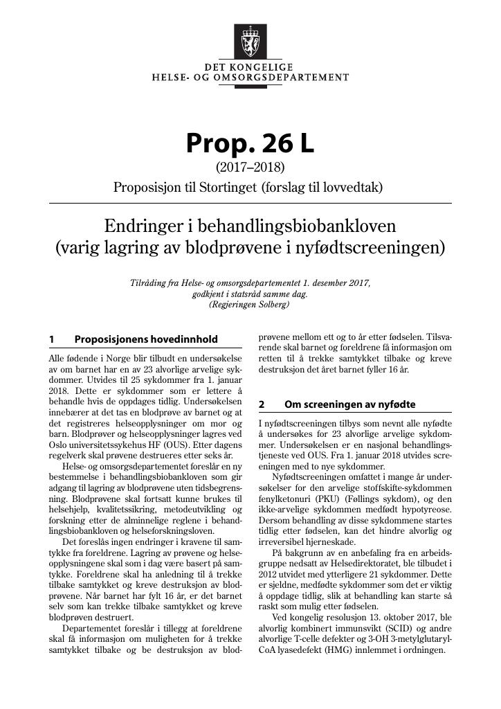 Forsiden av dokumentet Prop. 26 L (2017–2018)