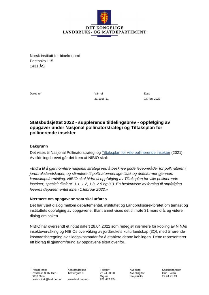 Forsiden av dokumentet Tildelingsbrev Norsk institutt for bioøkonomi - NIBIO 2022 - tillegg nr. 17