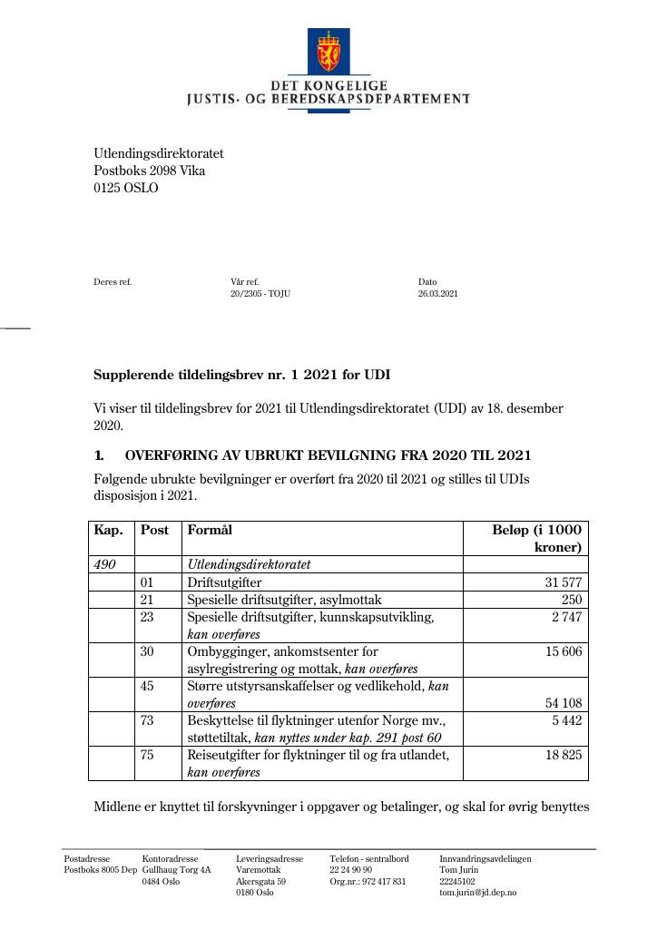 Forsiden av dokumentet Tildelingsbrev Utlendingsdirektoratet 2021 - tillegg nr. 1
