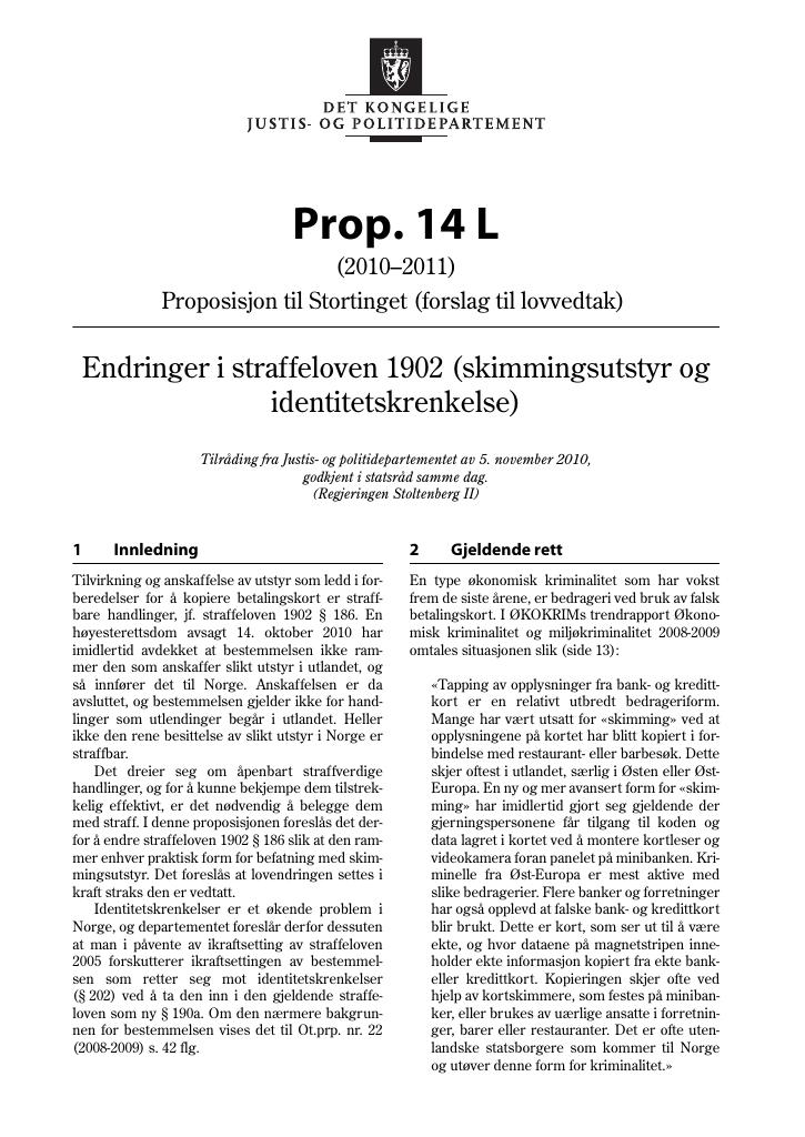Forsiden av dokumentet Prop. 14 L (2010–2011)