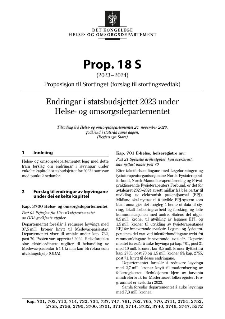 Forsiden av dokumentet Prop. 18 S (2023–2024)