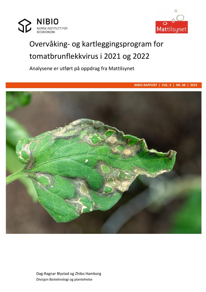 Forsiden av dokumentet Overvåking- og kartleggingsprogram for tomatbrunflekkvirus i 2021 og 2022