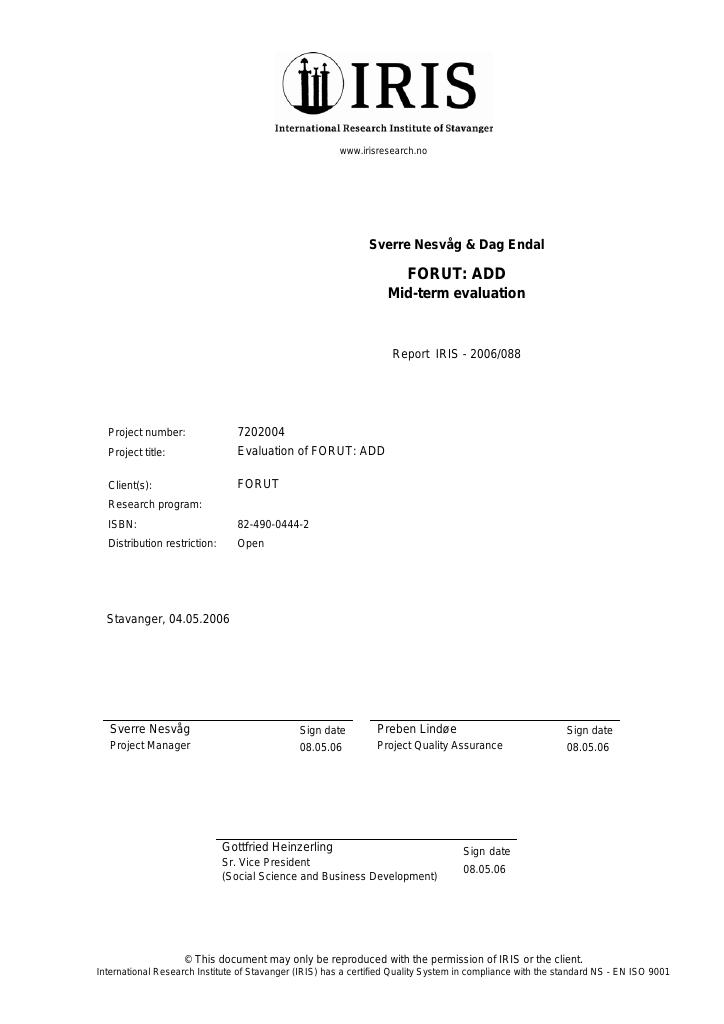 Forsiden av dokumentet ADD Mid-term evaluation, Report IRIS 2006/088