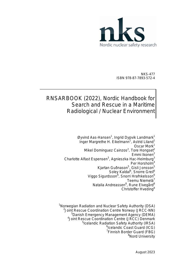 Forsiden av dokumentet RNSARBOOK (2022), Nordic Handbook for Search and Rescue in a Maritime Radiological / Nuclear Environment