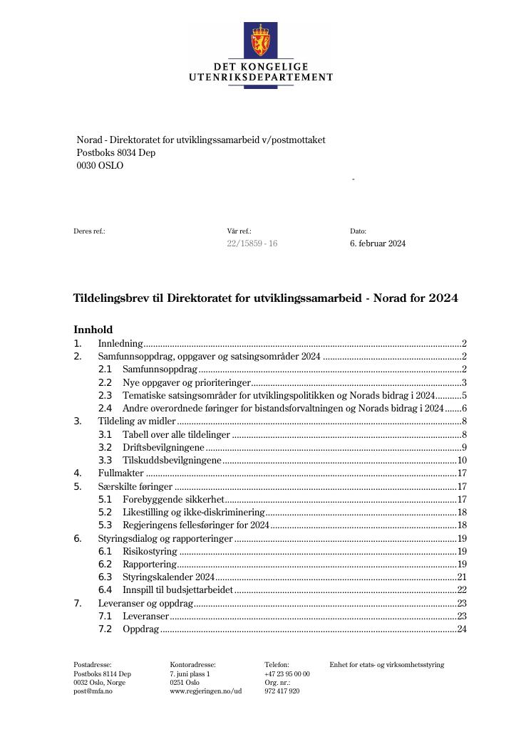 Forsiden av dokumentet Tildelingsbrev Norad 2024
