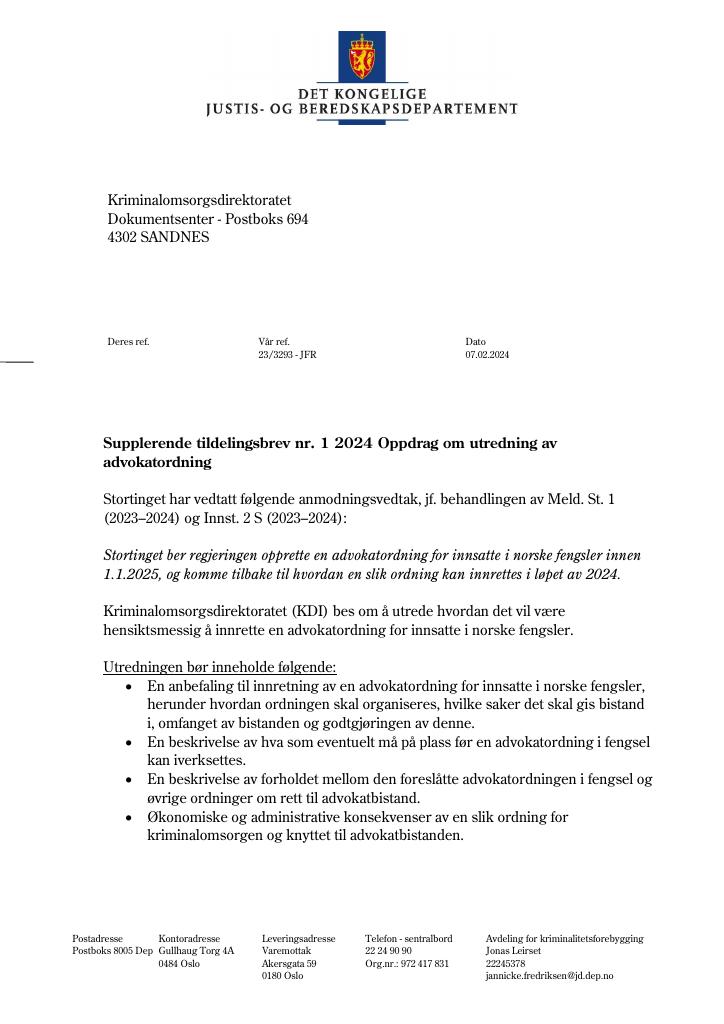 Forsiden av dokumentet Tildelingsbrev Kriminalomsorgen 2024 - tillegg nr. 1