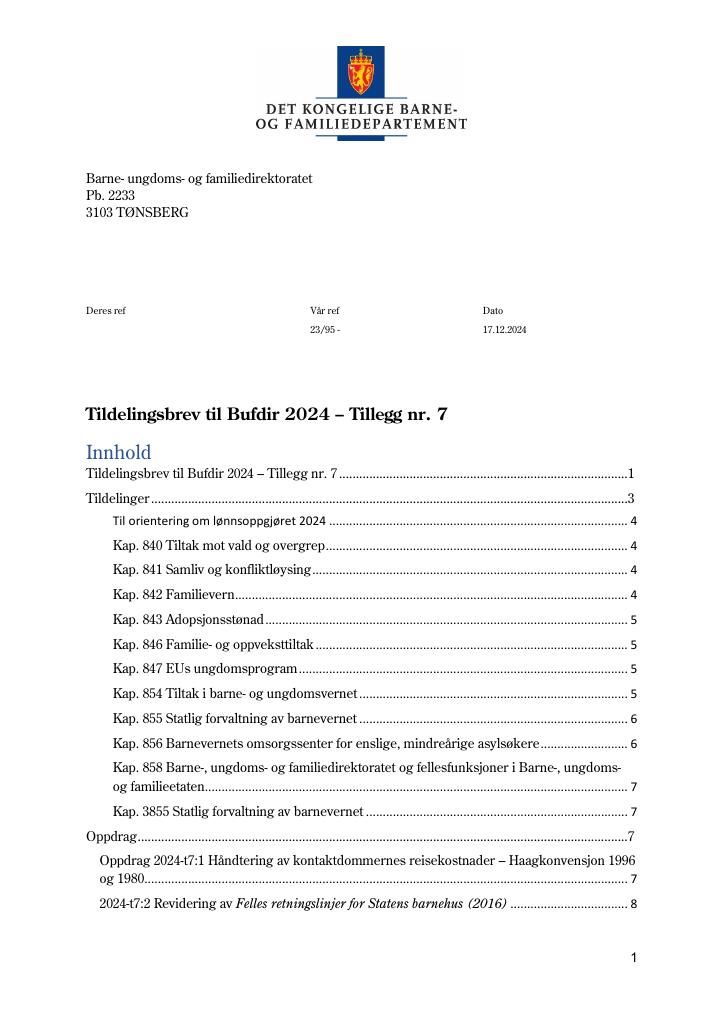 Forsiden av dokumentet Tildelingsbrev Bufdir 2024 - tillegg nr. 7