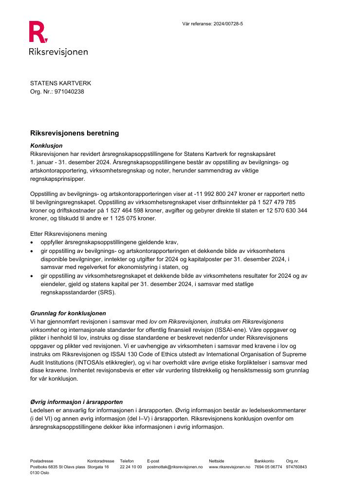 Forsiden av dokumentet Revisjonsberetning Kartverket 2024