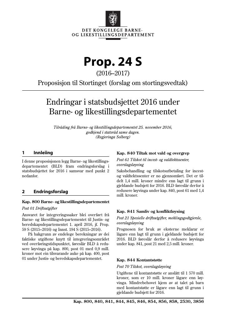 Forsiden av dokumentet Prop. 24 S (2016–2017)