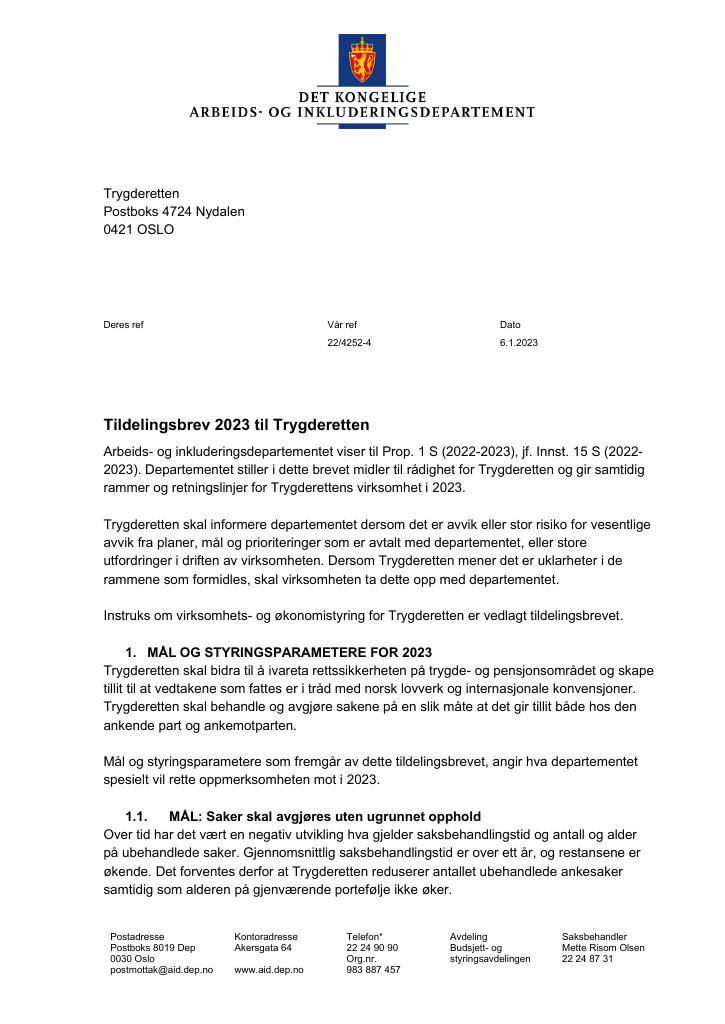 Forsiden av dokumentet Tildelingsbrev Trygderetten 2023