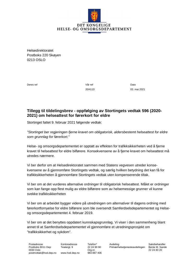 Forsiden av dokumentet Tillegg til tildelingsbrev - oppfølging av Stortingets vedtak 596 (20202021) om helseattest for førerkort for eldre