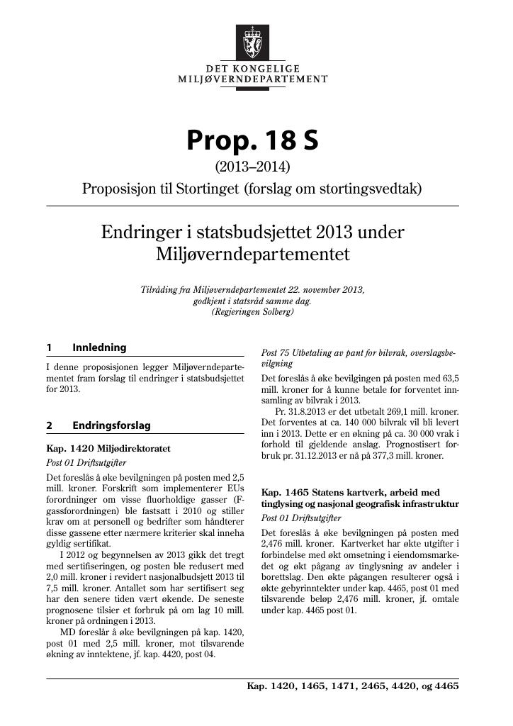 Forsiden av dokumentet Prop. 18 S (2013–2014)