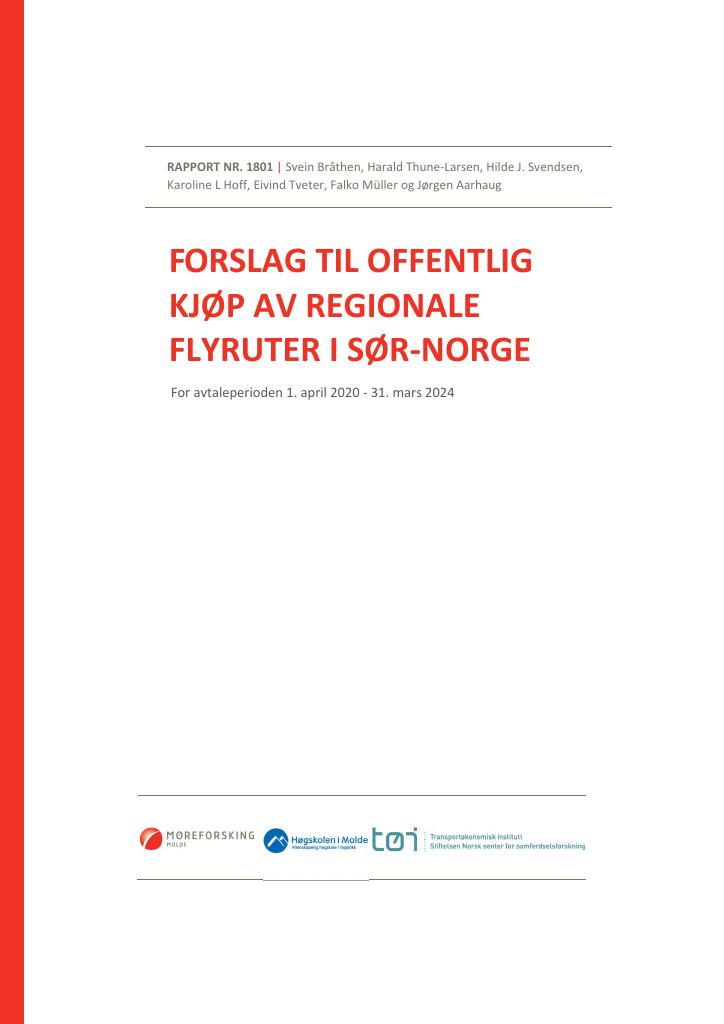 Forsiden av dokumentet Forslag til offentleg kjøp av regionale flyruter i Sør-Noreg