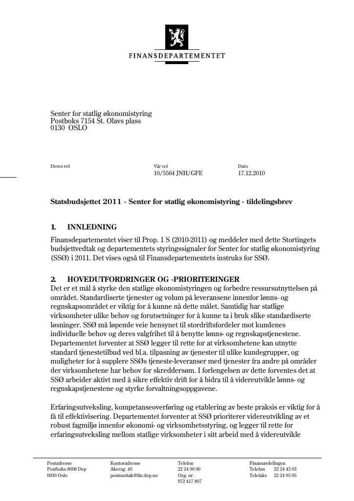 Forsiden av dokumentet Tildelingsbrev SSØ 2011
