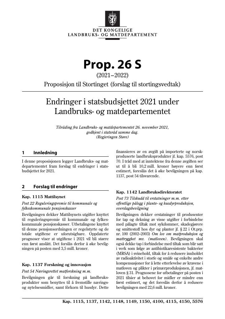 Forsiden av dokumentet Prop. 26 S (2021–2022)