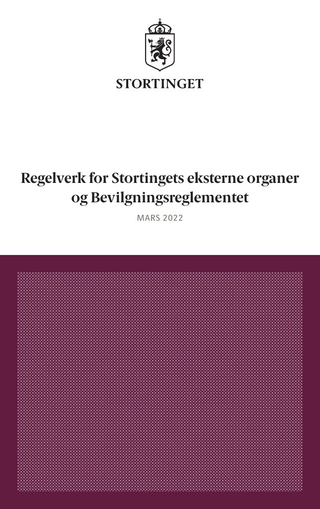 Forsiden av dokumentet Regelverk for Stortingets eksterne organer og Bevilgningsreglementet : Mars 2022