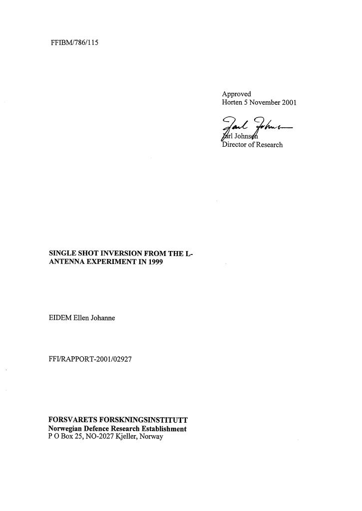Forsiden av dokumentet Single shot inversion from the L-antenna experiment in 1999